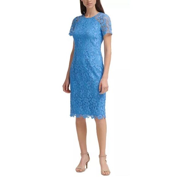 Eliza J Illusion Sleeve Lace Sheath Dress In Blue NWT Size 0 - Picture 1 of 7
